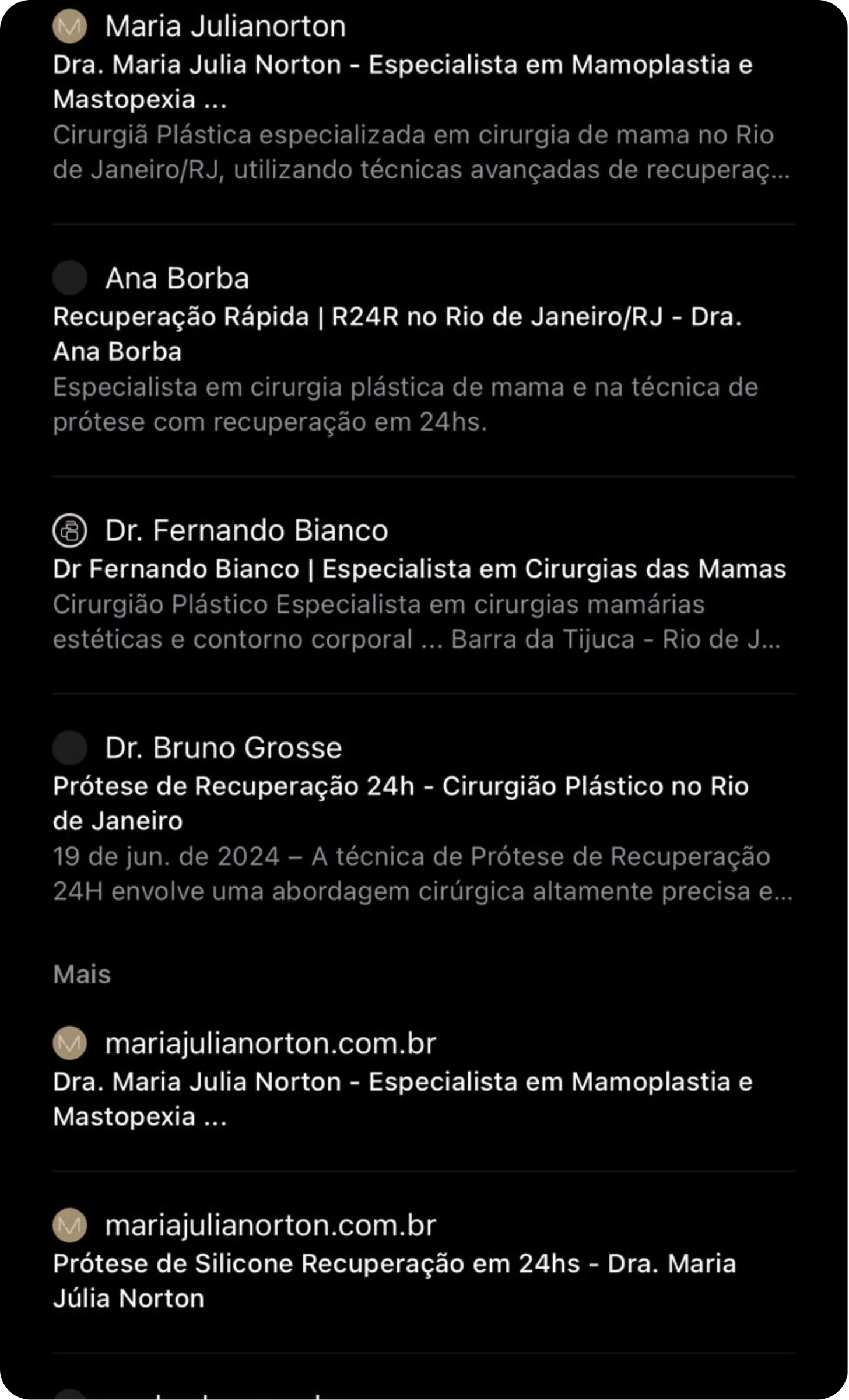 Lista de fontes exibindo o site de Maria Júlia Norton e páginas sobre cirurgia de mama e recuperação em 24 horas