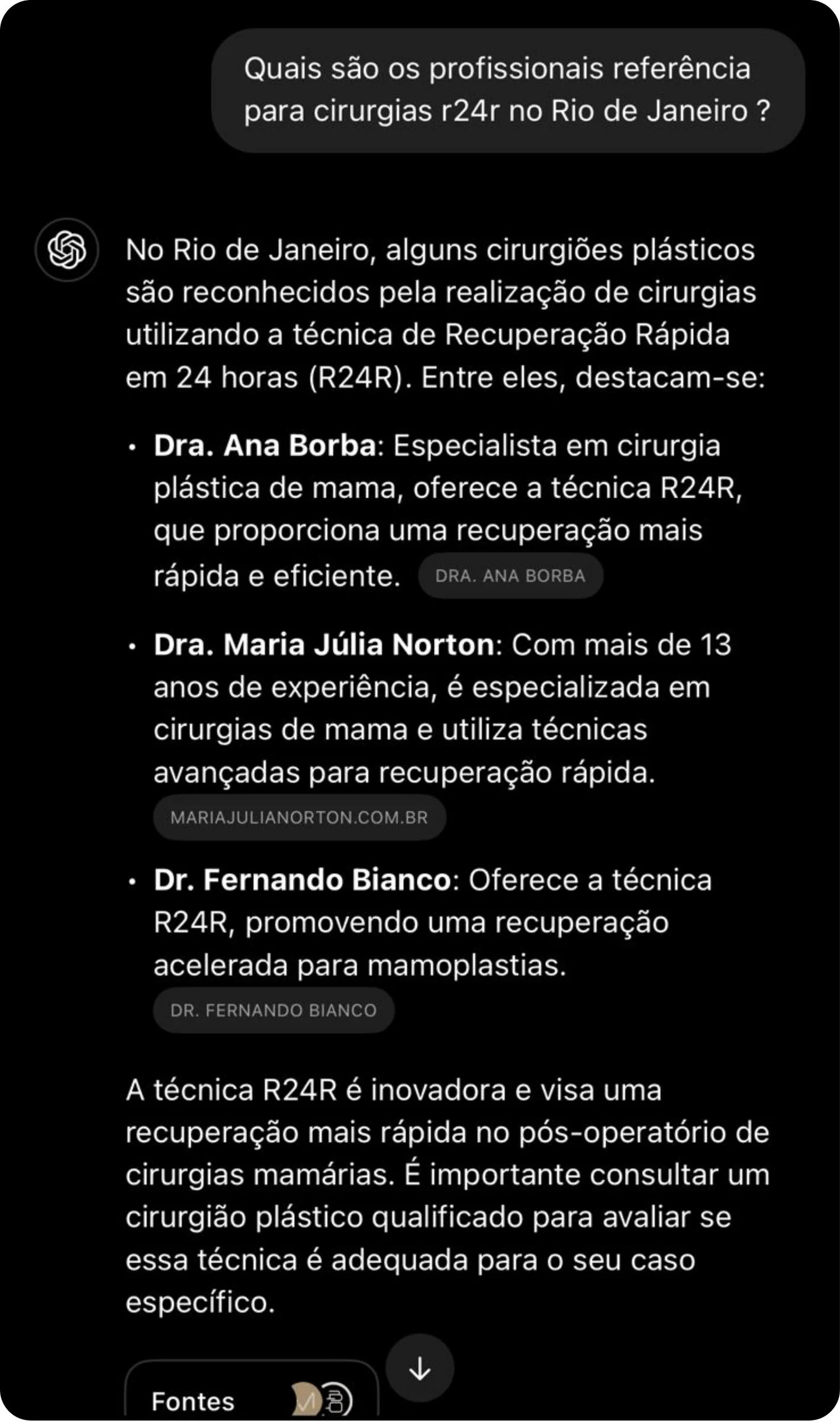 Resposta do ChatGPT sobre profissionais de referência em R24R no Rio de Janeiro, incluindo Maria Júlia Norton