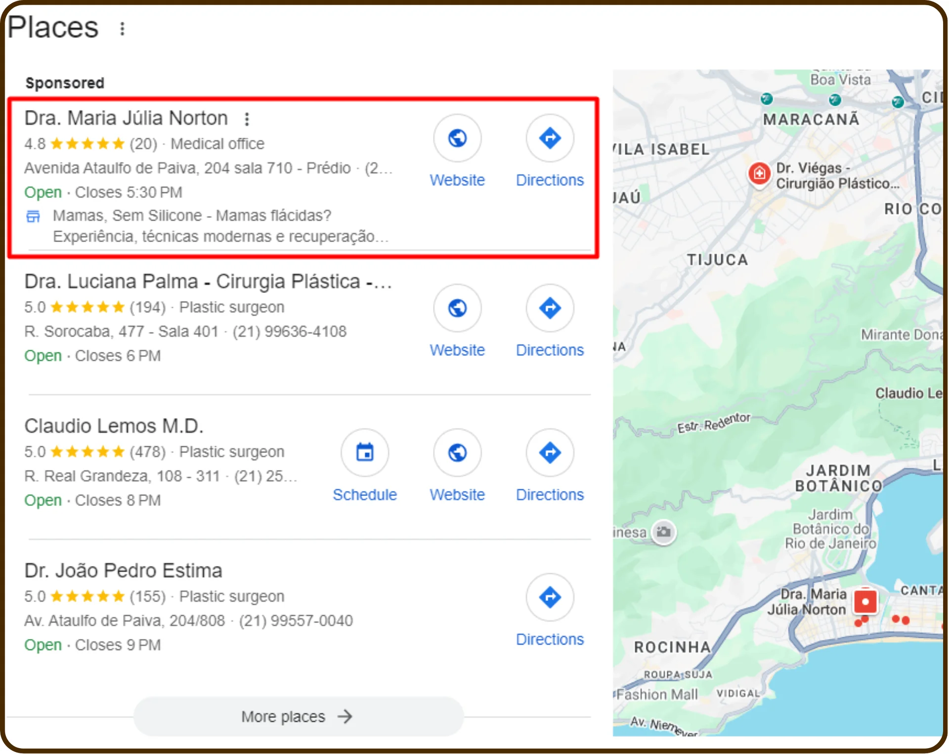 Clínica de Maria Júlia Norton em resultado local patrocinado do Google, com mapa, site e rotas