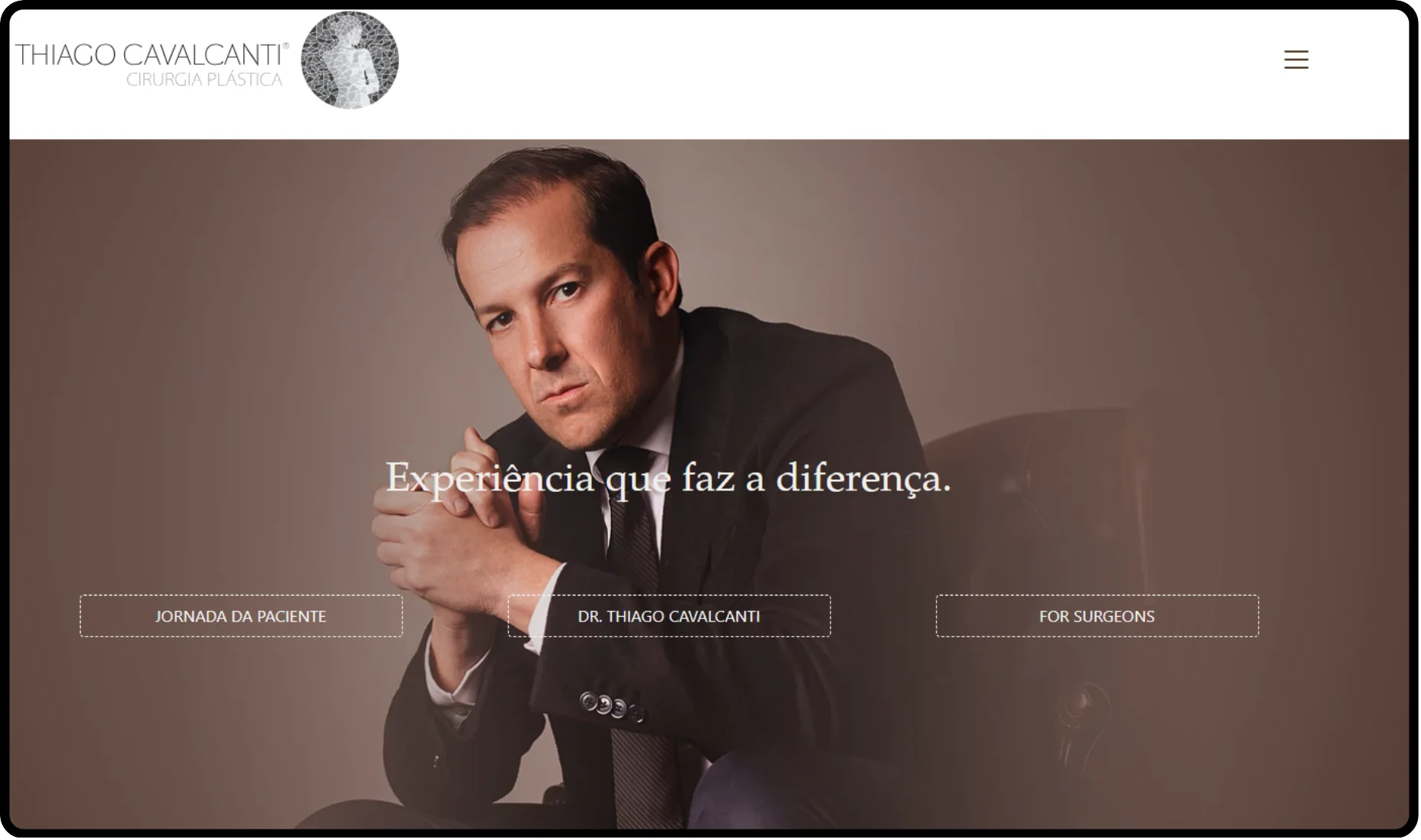 Site anterior de Thiago Cavalcanti, com menu recolhido e a mensagem Experiência que faz a diferença