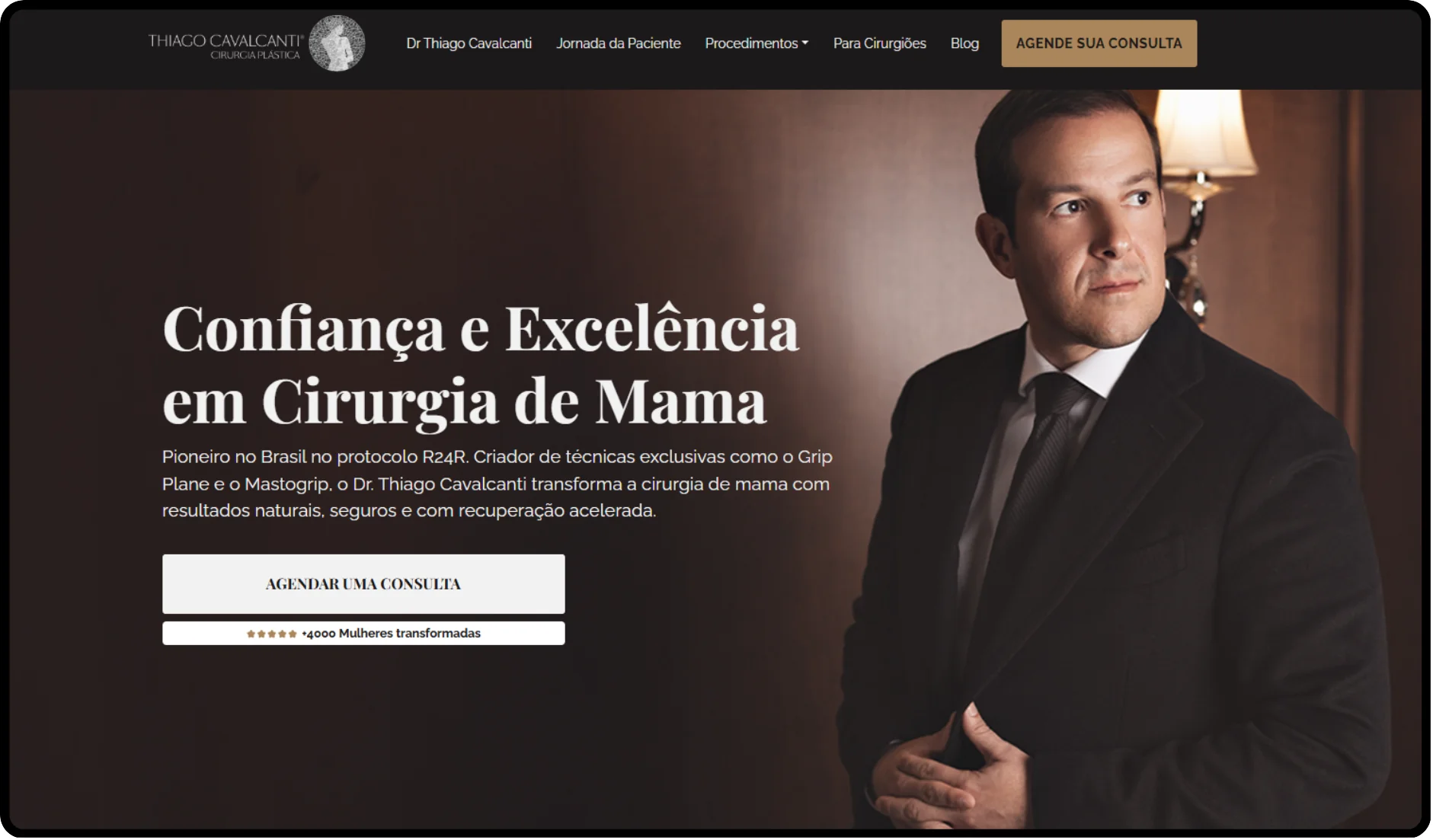 Novo site com destaque para cirurgia de mama, menu visível e botão Agendar uma consulta